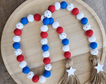 4th of July Garland - Tiered Tray Decor - Patriotic Farmhouse Wood Bead Garland - Summer Tiered Tray Beads