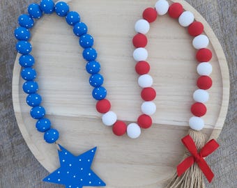 4th of July Garland - Red, White, and Blue Tiered Tray Decor - Patriotic Farmhouse Wood Bead Garland - Summer Tiered Tray