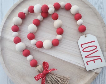 Valentine's Day Bead Garland | Red Valentine's Day Decor | Valentine's Day Tiered Tray Decor | Wood Bead Garland with Tassels | Love Tag