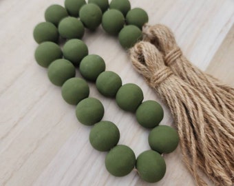 Olive Green Wood Bead Garland - Farmhouse Decorative Tray - Home Decor Gift - Fall Tiered Tray - Spring Garland