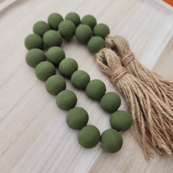 Olive Green Wood Bead Garland - Farmhouse Decorative Tray - Home Decor Gift - Fall Tiered Tray - Spring Garland