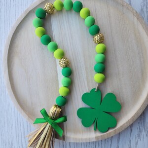 St. Patrick's Day 4 Leaf Clover Garland St. Patrick's Day Tiered Tray Beads Farmhouse Wood Garland Decor image 3