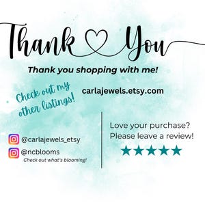 May include: A thank you card with the words "Thank You" in elegant script, a heart, and the message "Thank you shopping with me!" with social media handles and a website address.