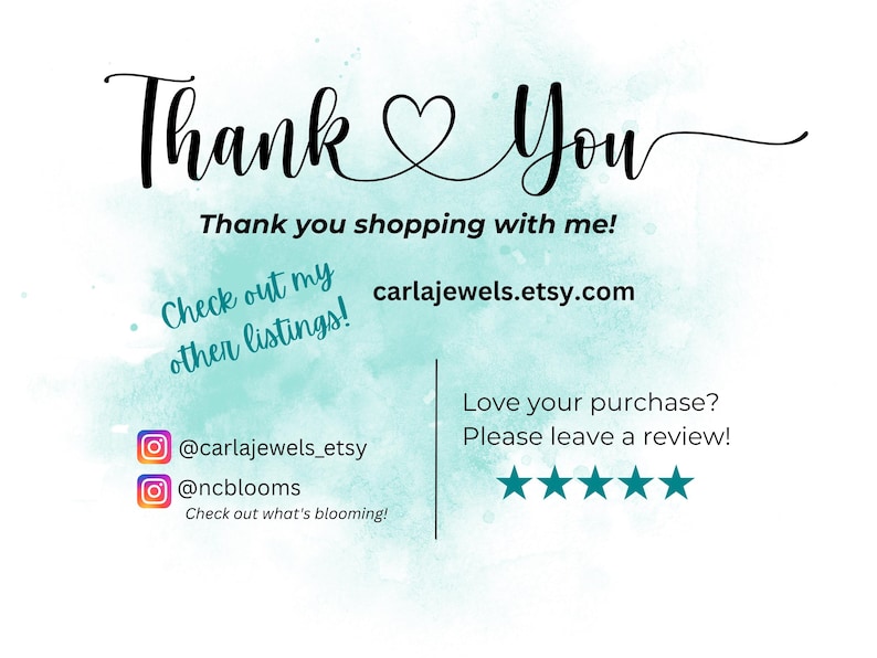 May include: A thank you card with the words "Thank You" in elegant script, a heart, and the message "Thank you shopping with me!" with social media handles and a website address.