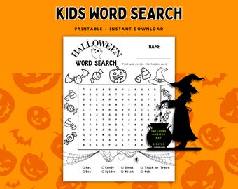 May include: A Halloween-themed word search puzzle for kids. The printable game features a grid of letters with Halloween-related words to find, along with illustrations of a ghost, bat, candy, and witch. The text on the image says "KIDS WORD SEARCH" and "HALLOWEEN WORD SEARCH".
