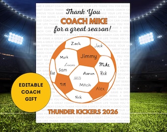 Regalo imprimible para entrenador de fútbol, plantilla editable de Canva, regalo de agradecimiento para el entrenador, nombre personalizado del equipo, póster de fútbol, regalo de agradecimiento para el entrenador
