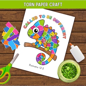 Chameleon Torn Paper Craft Printable, Called to Be Different Art Activity, Romans 12:2 Bible Coloring Page, Sunday School Craft for Kids