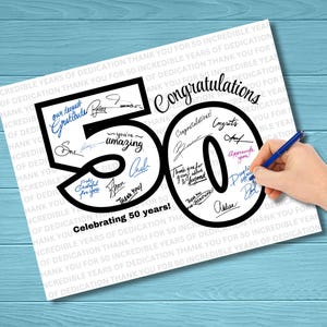 Può includere: Una carta bianca con il numero "50" pieno di firme, le parole "Congratulazioni" e "Festeggiando 50 anni!". Una mano con una penna blu scrive sulla carta. Lo sfondo è un legno blu chiaro.