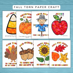 Puede incluir: Un conjunto de ocho hojas de manualidades imprimibles tituladas FALL TORN PAPER CRAFT que presentan ilustraciones coloridas en estilo mosaico de temas otoñales, incluyendo un caramelo de maíz, calabaza, espantapájaros, manzana, pavo, bellotas, girasol y hojas de otoño con textos religiosos.