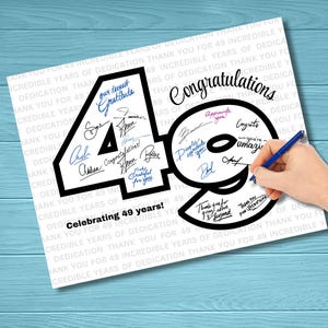 Può includere: Una carta rettangolare bianca con il grande numero 49 in contorno nero e il testo Congratulations sopra. Lo sfondo presenta il testo ripetuto Thank you for 49 incredible years of dedication. Varie note scritte a mano riempiono il 49.