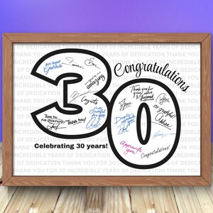 30° anniversario di lavoro, per celebrare 30 anni di servizio, un'alternativa al classico biglietto d'auguri per dipendenti, colleghi, capi, pastori e volontari.