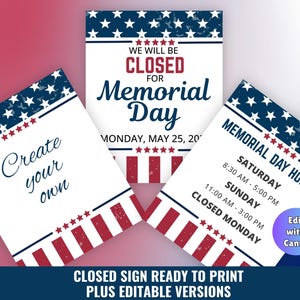Printable Memorial Day Business Hours Sign, Closed Memorial Day, Editable Canva Template, Store Hrs Sign PDF Download, Create Your Own Sign