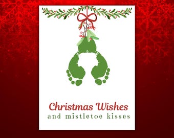 Christmas Handprint or Footprint Keepsake Craft, Custom Handprint Art, Printable Holiday Keepsake, Christmas Wishes and Mistletoe Kisses Art
