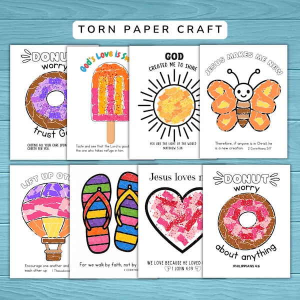 Bundle d'artisanat en papier déchiré imprimable, 8 activités chrétiennes pour enfants, verset biblique d'été VBS école du dimanche, activité artistique imprimable pour enfants