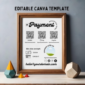 Puede incluir: Una plantilla de Canva editable en un marco de madera con el texto Payment Accepted Here, tres códigos QR para Venmo, Apple Pay y PayPal, iconos de efectivo y tarjeta de crédito, iconos de redes sociales y una dirección de correo.