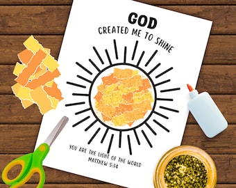 God Created Me to Shine Craft , Christian Kids Printable Art Activity, Sunday School Bible Verse Craft Matthew 5:14, Instant Download PDF