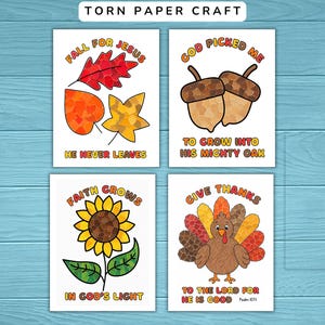 Könnte beinhalten: Vier druckbare Bastelbögen mit Illustrationen im Stil von gerissenem Papier. Die Motive umfassen rote, orange und gelbe Blätter mit dem Text 'Fall for Jesus, He Never Leaves', zwei Eicheln mit 'God Picked Me to Grow into His Mighty Oak', eine Sonnenblume mit 'Faith Grows in God's Light' und einen Truthahn mit 'Give Thanks to the Lord for He is Good'.