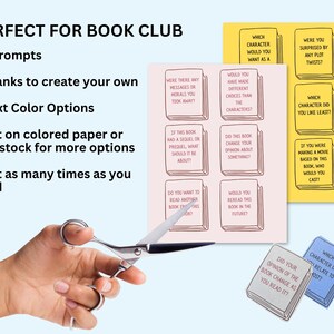 May include: Book club prompts with the text "PERFECT FOR BOOK CLUB". The prompts are on cards with questions like "Were you surprised by any plot twists?" and "Which character did you like least?" Scissors are cutting the cards.