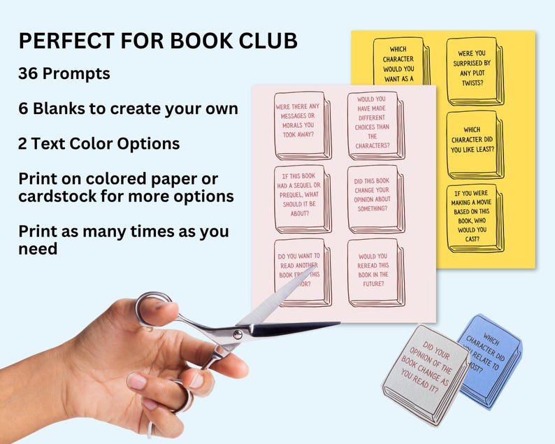 May include: Book club prompts with the text "PERFECT FOR BOOK CLUB". The prompts are on cards with questions like "Were you surprised by any plot twists?" and "Which character did you like least?" Scissors are cutting the cards.