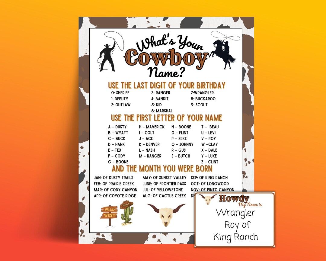 Cowboy Name Game Printable, Fun Western Game for Kids, Birthday Party ...