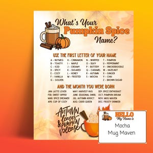 Generador de nombres imprimible de especias de calabaza, juego de fiesta de otoño, decoración otoñal para el aula o cafetería, actividad divertida para la oficina o el aula.
