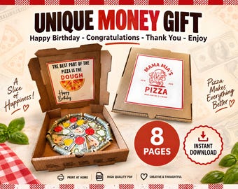 Puede incluir: Un set de regalo de dinero en caja de pizza imprimible con el texto UNIQUE MONEY GIFT, Happy Birthday, Congratulations, Thank You, Enjoy, A Slice of Happiness, Pizza Makes Everything Better y Mama Mia's Pizza. Incluye 8 páginas.
