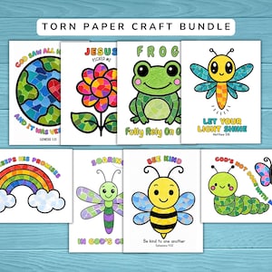 Könnte beinhalten: Eine Sammlung von acht druckbaren Bastelbögen mit Mosaikdesigns aus gerissenem Papier. Die Illustrationen zeigen einen Globus, eine Blume, einen Frosch, ein Glühwürmchen, einen Regenbogen, eine Libelle, eine Biene und eine Raupe mit religiösem Text.