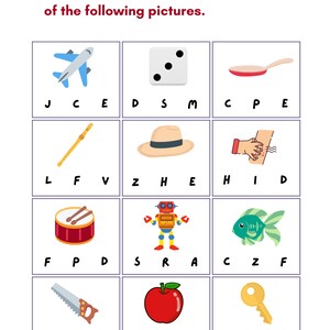 May include: A worksheet with nine images and letter options below each image. The images include an airplane, a die, a frying pan, a stick, a hat, a hand with a bandage, a drum, a robot, a fish, a saw, an apple, and a key. The worksheet instructs the user to color in the correct beginning sound of each image.