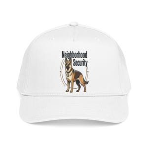 May include: A white baseball cap featuring a graphic of a German Shepherd dog wearing sunglasses and a badge. The dog is centered within a circular frame with the text Neighborhood Security printed in black above the illustration of the animal.