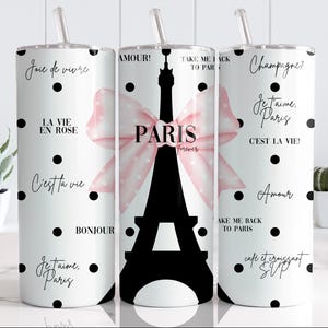 Gobelet Tour Eiffel Paris, noeud rose, thème Français, cadeau de voyage, cadeau pour les amoureux de Paris, téléchargement numérique instantané PNG, droit et conique