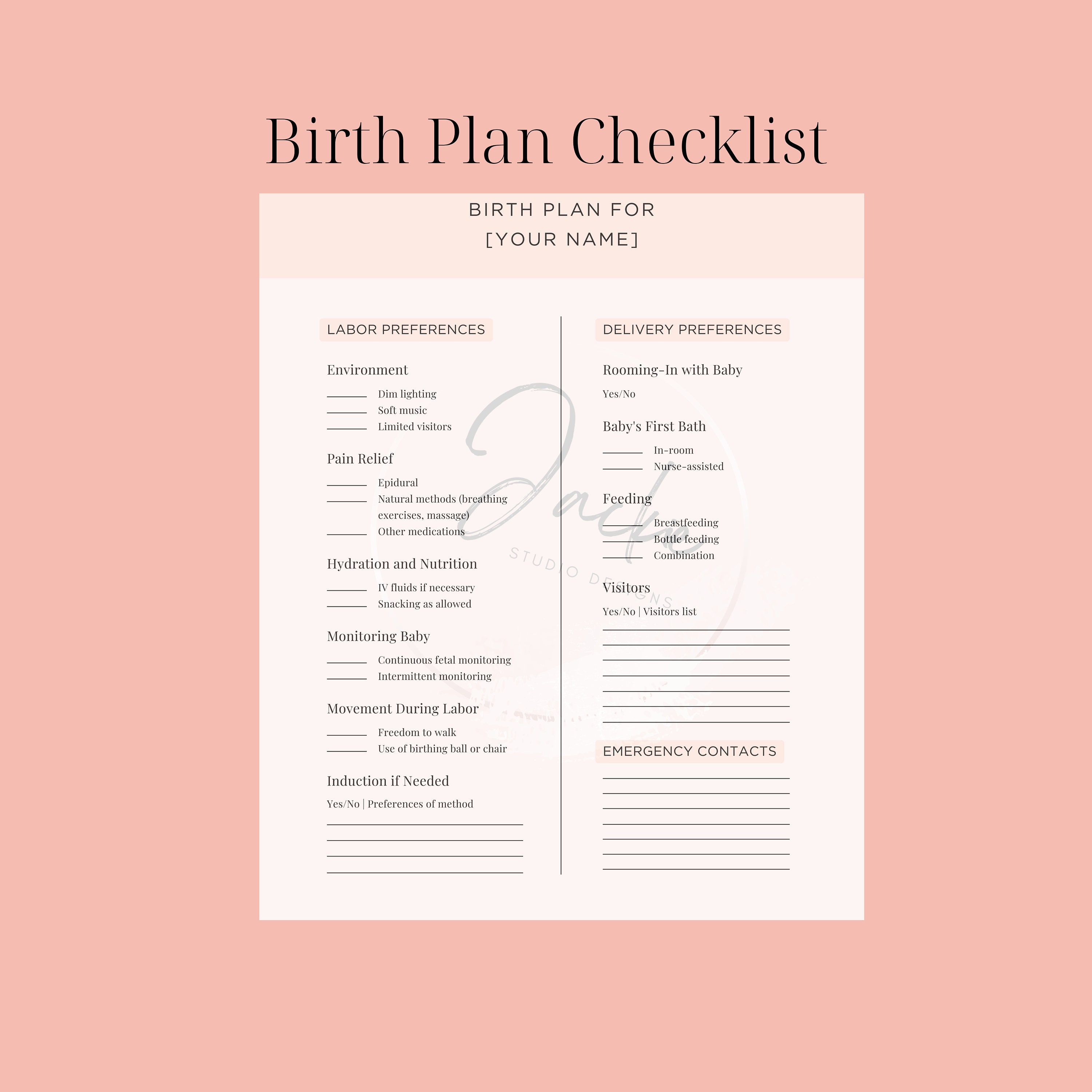 Birth Plan Customizable Birth Plan Digital Download Modern Birth Plan ...