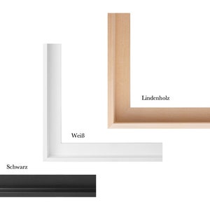 May include: Three different frame options for a picture or artwork. The frames are made of black wood, white wood, and natural Linden wood. The text "Schwarz" is below the black frame, "Wei&szlig;" is below the white frame, and "Lindenholz" is below the natural wood frame.