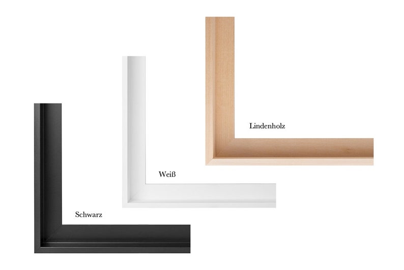 May include: Three different frame options for a picture or artwork. The frames are made of black wood, white wood, and natural Linden wood. The text "Schwarz" is below the black frame, "Wei&szlig;" is below the white frame, and "Lindenholz" is below the natural wood frame.