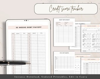 May include: A digital tablet displays a 52 Weeks Debt Payoff chart, with a pen resting on the screen. Additional financial planning printables, including a debt repayment tracker, monthly budget, and debt snowball, are also visible. The text "Credit score tracker" is at the top.