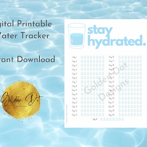 Peut inclure: Un suivi d'hydratation imprimable avec un verre d'eau bleu et le texte "stay hydrated." Le suivi comporte 30 jours avec une rangée de gouttes d'eau pour chaque jour.