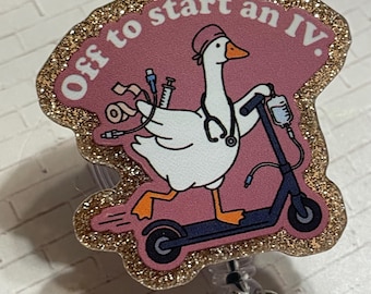 Silly Goose Retractable Badge Reel, IV Team Nurse ID Topper (40x36mm, Swivel Alligator Clip) - Handmade