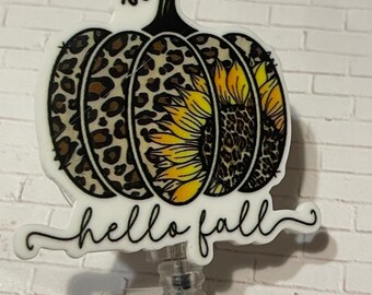 Id Badge Reel, Hello Fall Pumpkin Topper, Retractable Swivel Clip, 40x36mm Handmade, Nurse Teacher Accessory