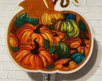 Id Badge Retractable Reel, Pumpkin Topper Design - Fall Cute Style (Nurse, Teacher, Swivel Alligator Clip, Handmade)