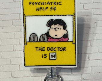 Peanuts Gang Lucy Retractable Badge Reel, Psychiatric Help Topper - Mental Health Staff Accessory, Swivel Clip