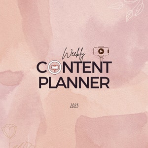 May include: A pink and peach watercolour background with the words "Weekly CONTENT PLANNER" in a bold, dark font. The year "2023" is below the title. The design includes floral and leaf illustrations. The creator's name, "@MiraNmeri," is at the bottom.