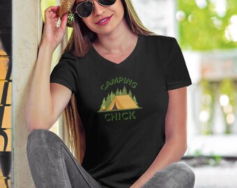 Camping Chick camping v-neck tee.  Camping shirt for her, backpacking gift for her, outdoor v-neck, hiking t-shirt, adventure gift for her