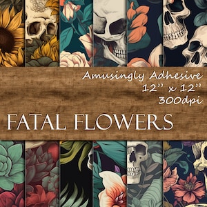Fatal Flowers Digital Papers - Flower and Skull Pattern scrapbook craft papers - 12 Papers - 12inx12in - Commercial Use - INSTANT DOWNLOAD