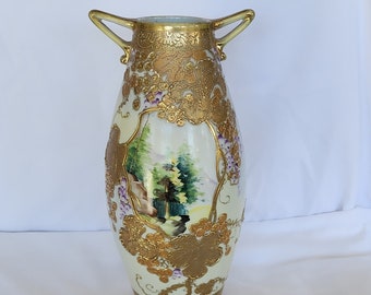 Vintage vase Nippon Yamato hand painted gold moriage 12 inch