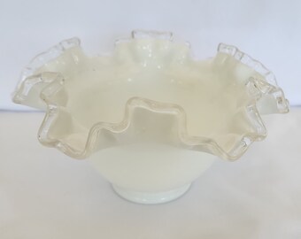 Vintage Fenton Silver Crest ruffle top white milk glass dish 6.75 inches