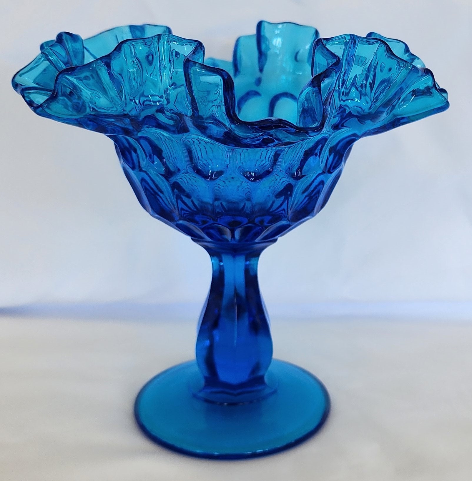 オールドフェントン　コンポート　レア　ガラス　FENTON フェントン コンポート コロニアルブルー サムプリント皿 6インチ