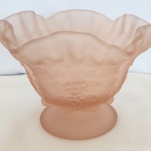 Satin pink glass pedestal compote dish grape pattern with ruffled edge