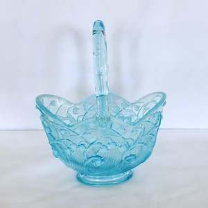 Fenton glass blue opalescent lily of the valley basket internal hairline crack under handle