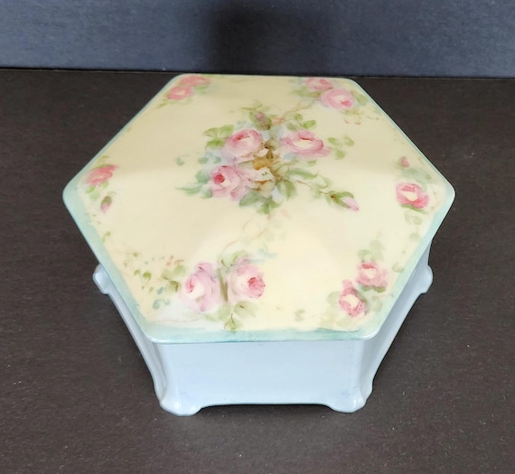 Hand painted floral MZ Austria hexagonal lidded trinket dish 4 1/2 inch late 1800s