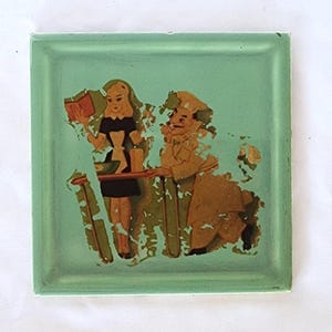Vintage green ceramic tile chef and maid Wheeling 4 inch