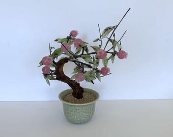 Vintage green and pink glass bonsai tree in celadon pot